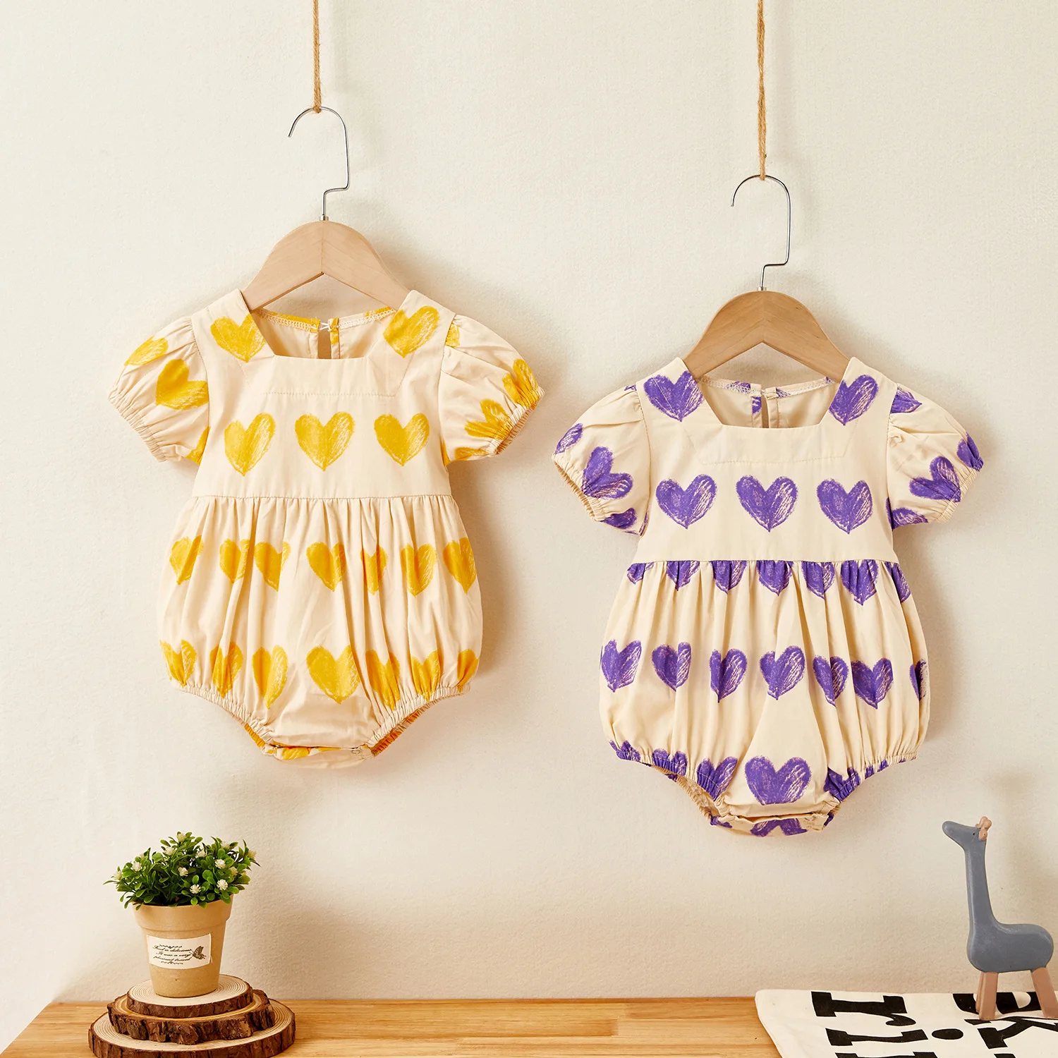 

Summer New Infant Bodysuit Newborn Baby Short Sleeve Heart-shaped Cotton Clothes Toddler Girls Square Collar Jumpsuit Outfits