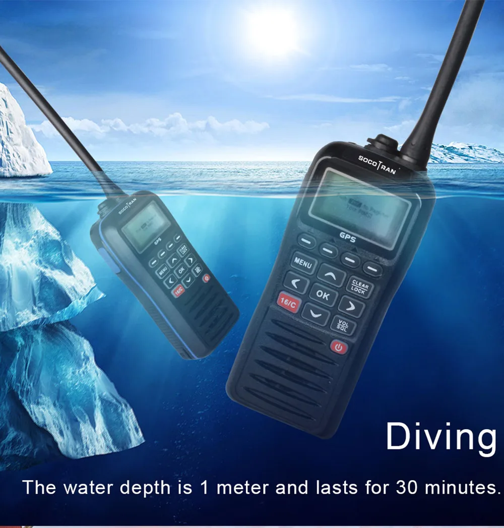 SOCOTRAN RS-38M GPS Marine Two Way Radio VHF Handheld Floats Waterproof IPX7 ATIS code Tri-watch 156.025-157.425MHz Transceiver
