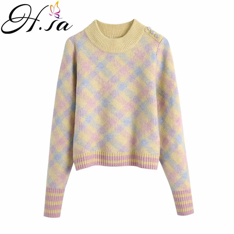 

H.SA Women Spring New Sweater and Pullovers Cute Plaid Sweater Jumpers Pink Yellow Kawaii Girls Chic Sweater Tops Knitted Tops