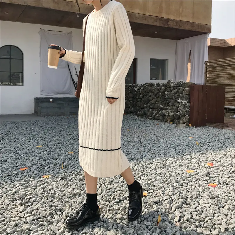 

HziriP All-Match Thick Slimming Simple Fresh Women Loose Long Chic Casual Straight Elegant Slender Gentle Knitted Basic Dresses
