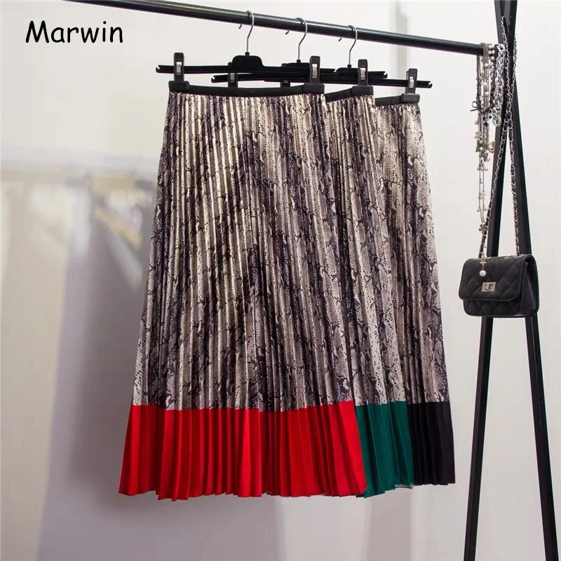 

Marwin 2019 Spring New-coming Western style Snakeskin pattern Contrast stitching pleated skirts High Street Style A-Line Skirts