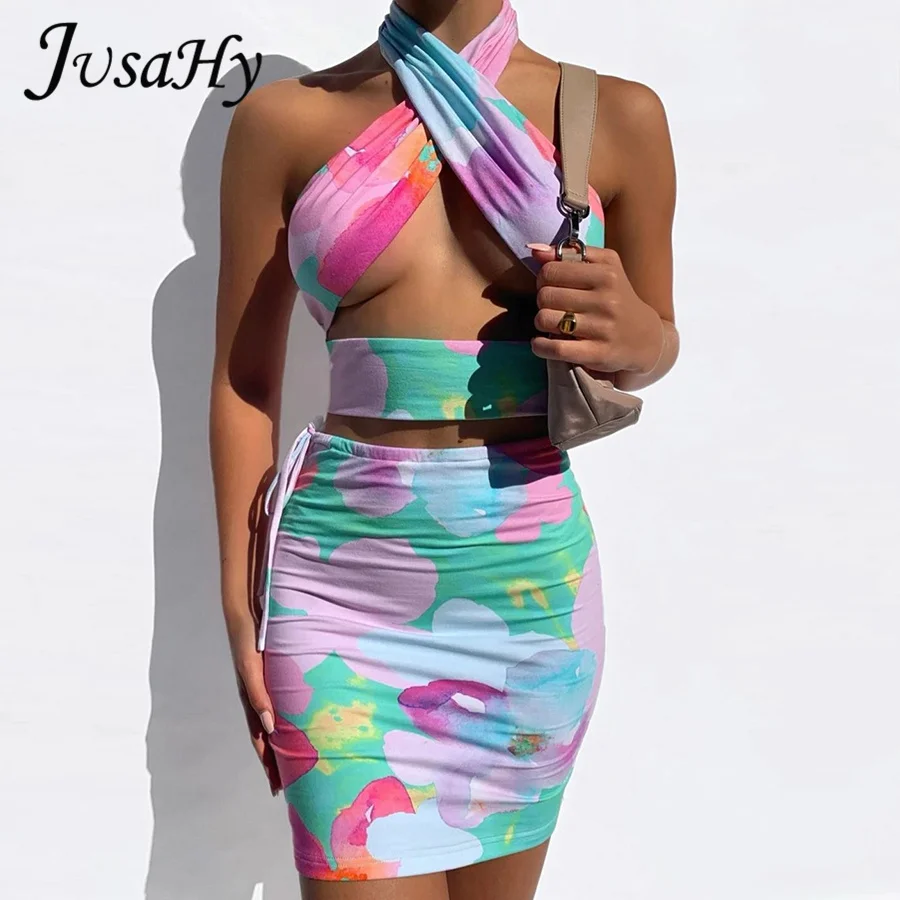 

JusaHy Summer Tie Dye Beach Two Piece Set Women Sexy Cross Halter Top+Mini Bandage Skirt Elegant Vacation Holiday Matching Suit
