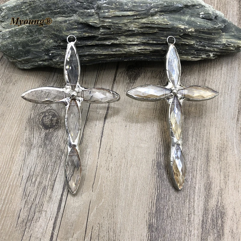 

Handmade Soldered Large Glass Crystal Cross Necklace Pendant For Bohemian Spiritual Talisman Jewelry Making MP210507