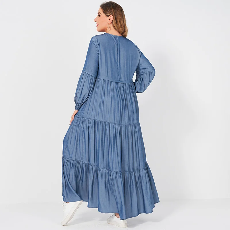 

2021 New Summer Dress Women Plus Size Solid Blue O-neck Pleated Cake Loose Large Size Big Swing Lantern Long Sleeve Dresses
