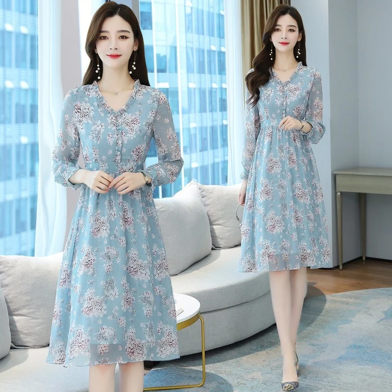 

Plus Size Dress 2021 New Chiffon Dress Blue Floral Dresses Slim Waist Summer Dress Long Sleeve Fashion Dresses for Women Clothes