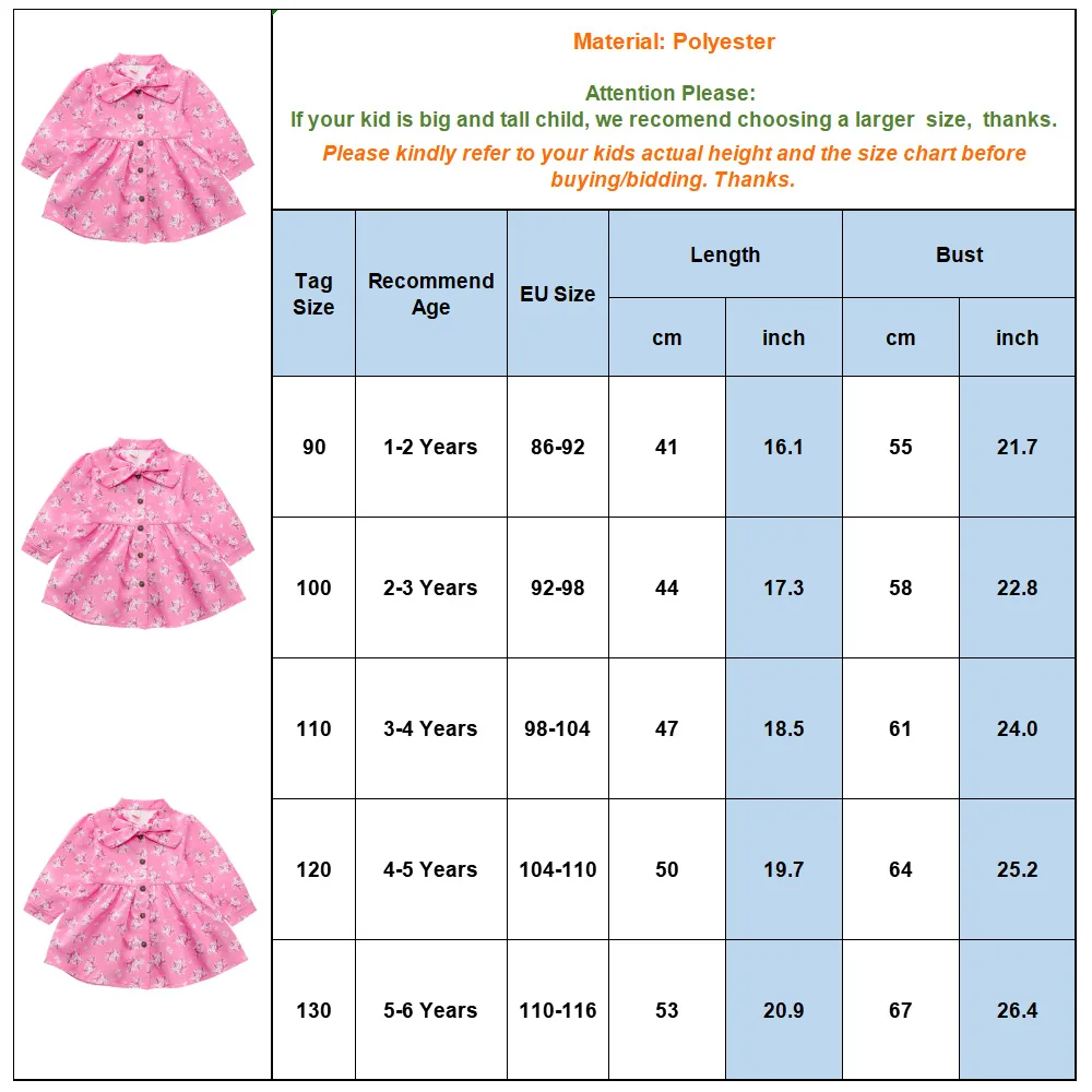 Children Girl Dress Long Sleeve Floral Printed 1-6 Years Toddler Shirt Pink Button Autumn Kids D30 | Детская одежда и обувь