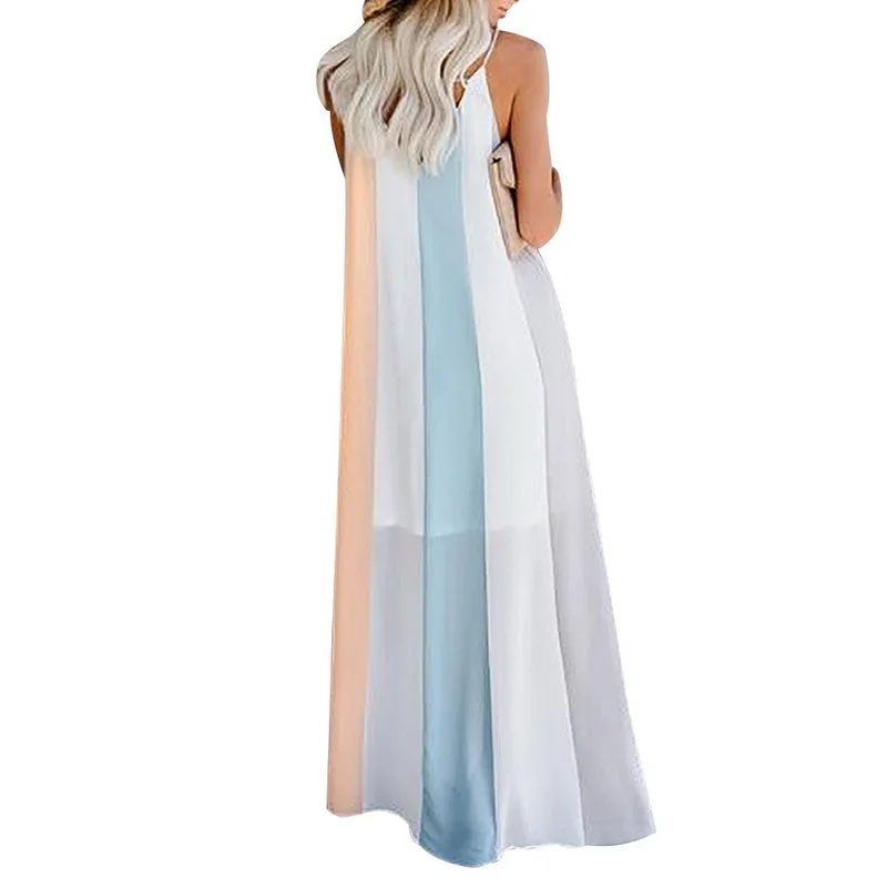 

2021 Summer Stripe Sleeveless Long Women Dress V-Neck Sexy Clothes for Women Casual Spaghetti Floor Length Ladies Dress