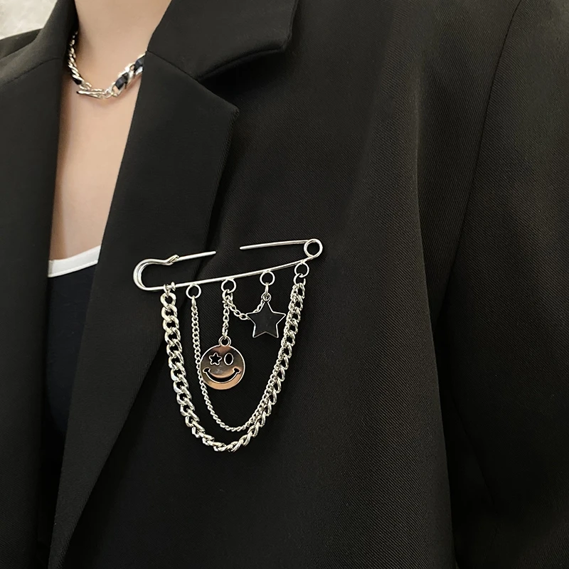

Fashion Star Face Pendant Brooches Metal Tassel Double Chain For Lady Men Suit Shirt Coller Lapel Pin Decoration Jewelry