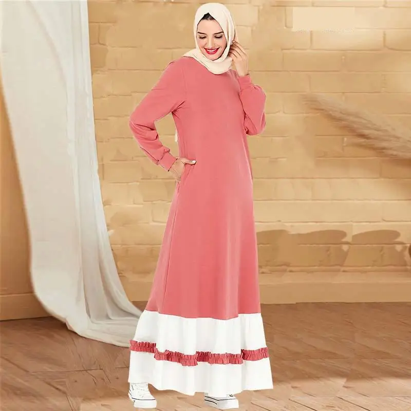 

Abaya Dubai Muslim Fashion Long-sleeved Stitching Stripes Pocket Dress Without Headscarf Islamic Clothing Women's Dress