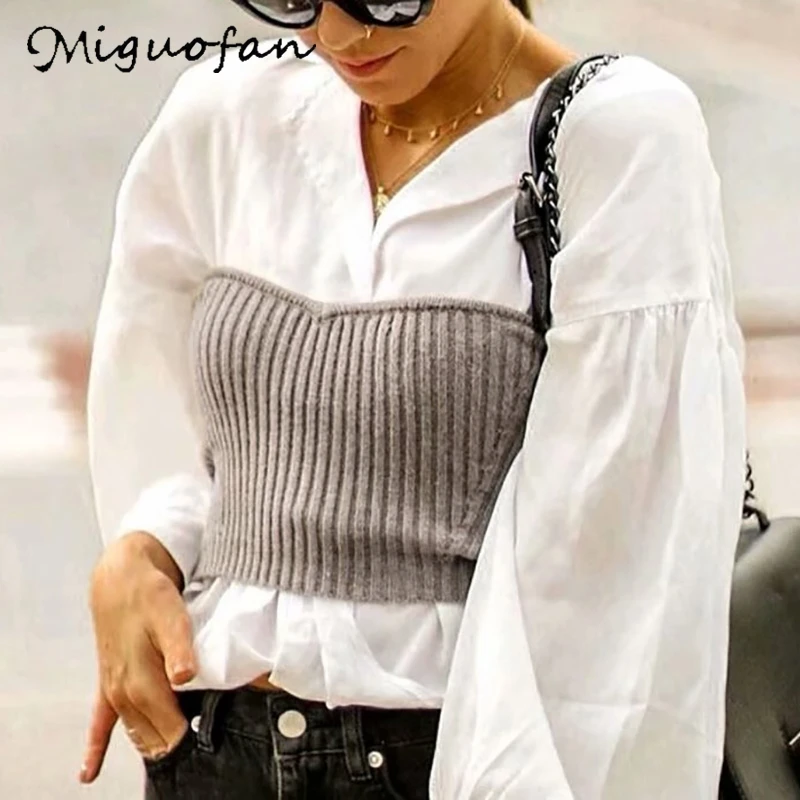 Miguofan Женский вязаный укороченный топ свитер повседневный без рукавов стрейчевый