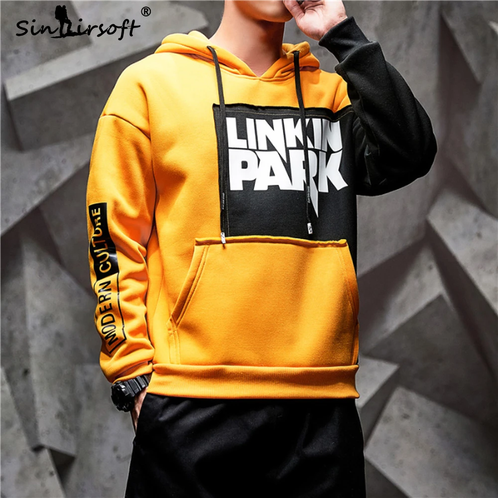 Yellow and black Мужская толстовка Linkin Park с капюшоном и буквенным принтом в стиле пэчворк, Мужская облегающая уличная одежда, модные длинные толстовки, одежда - Цвет: Yellow and black