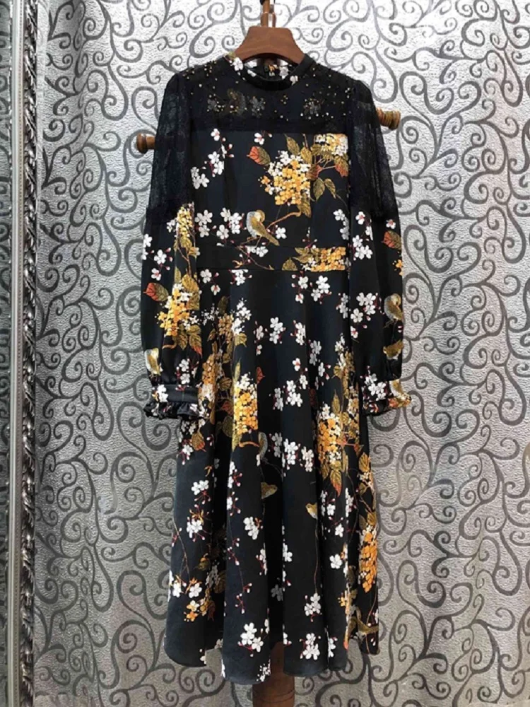 

Top Quality Designer Dress 2020 Spring Women Cute Birds Floral Embroidery Lace Beading Patchwork Long Sleeve Dress Vestido Festa