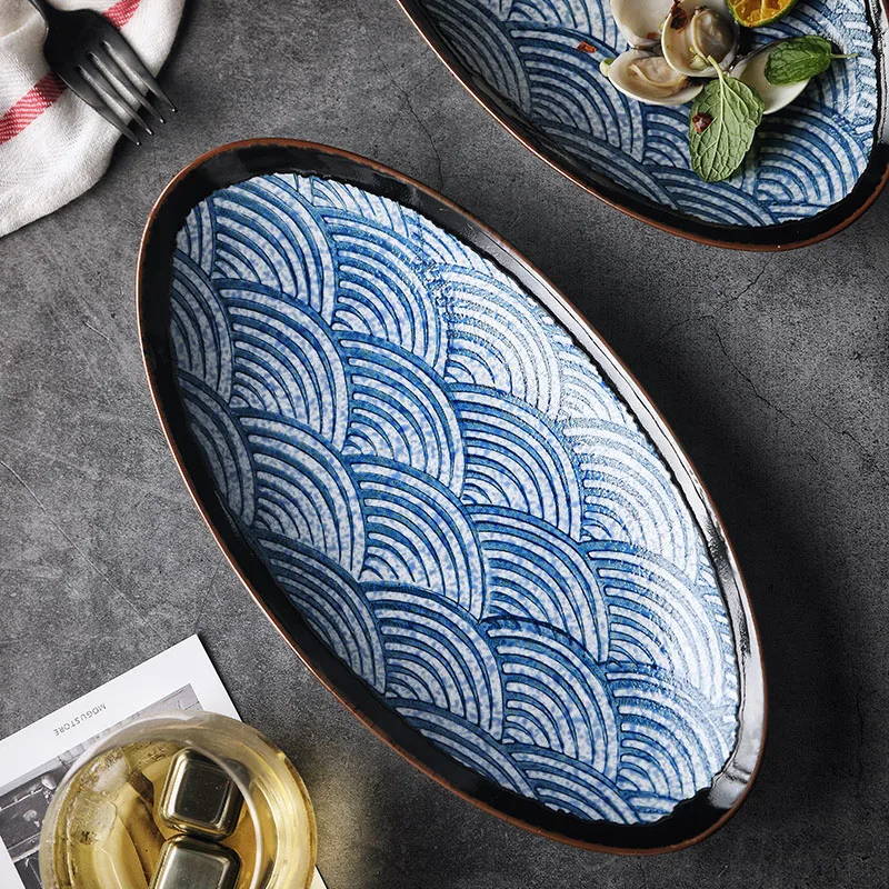 RHE Japanese oval ceramic plate Blue wave pattern Western steak bread cake tray Restaurant kitchen Snack Dried Fruit Tray | Дом и сад
