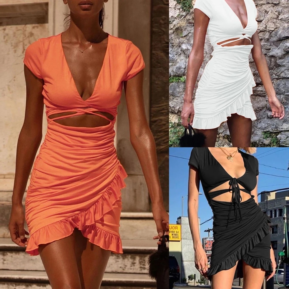 

Solid Color Lace Up V Neck Ruched Bodycon Mini Dress Women 2021 Summer Sexy Ladies Hollow Out Ruffle Sundress Beachwear Vestidos