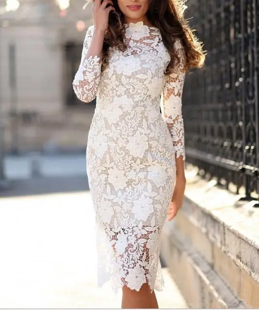 Женское прозрачное кружевное вечервечерние платье Белое Облегающее с цветочным