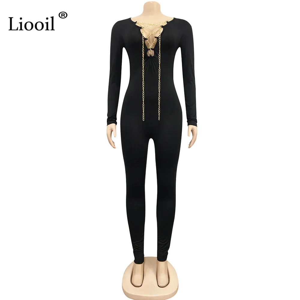 

Liooil Sexy Tight Jumpsuits For Women Fall 2021 Long Sleeve V Neck Hollow Out Party Club Rompers Womens Jumpsuit Black Overalls