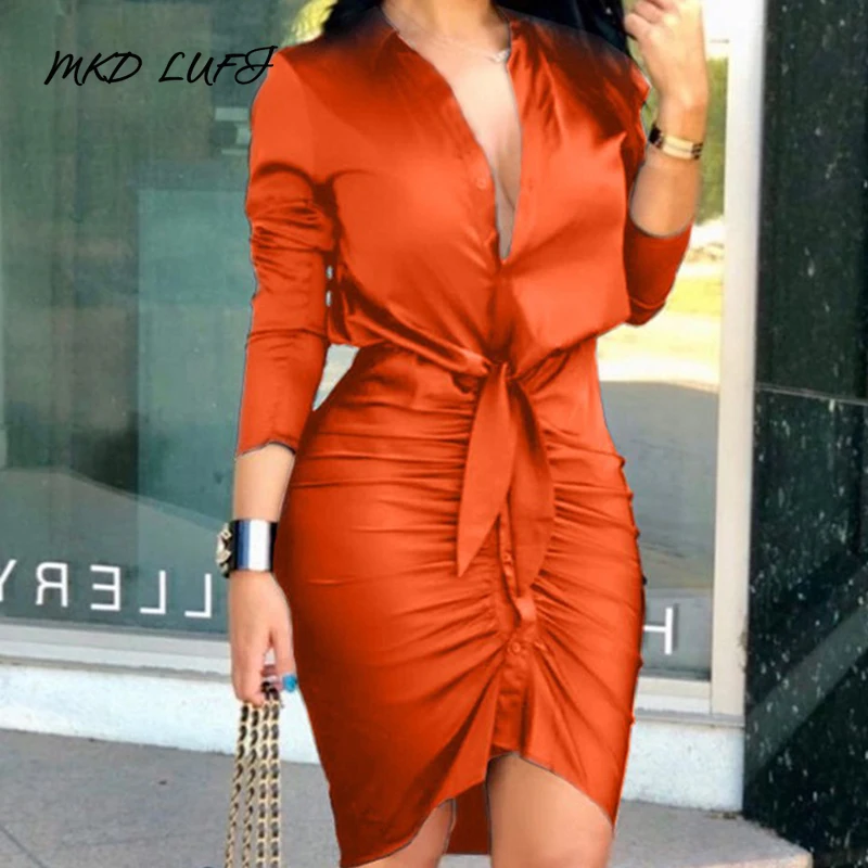 

Lace-up Solid Color Long Sleeve Midi Shirt Dress Women Ruched Elegant Work Dress
