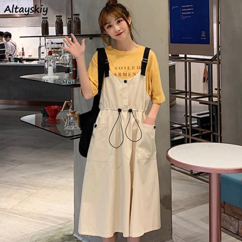 

Dresses Women Stylish Solid A-line Soft Trendy Chic Ulzzang Pockets Students Lovely Girls Sleeveless High Waist Summer All-match
