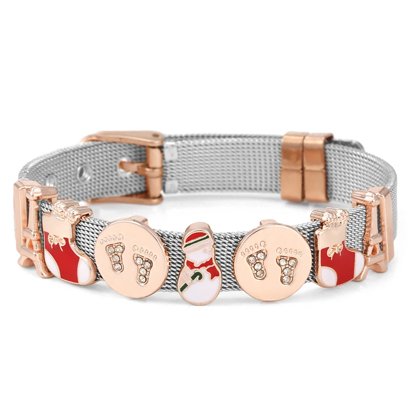 

30 Christmas Style Stainless Steel Mesh Bracelet DIY Santa Claus Snowman Slide Beads Charm Bracelets For Women Kids Xmas Jewelry