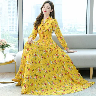 

Long sleeve V-neck bow dress Women's 2020 spring and autumn new waist slimming big knee long dress