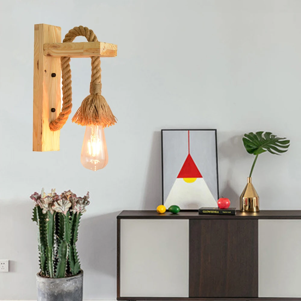 Настенный светильник в стиле ретро деревянный настенный из пеньковой веревки