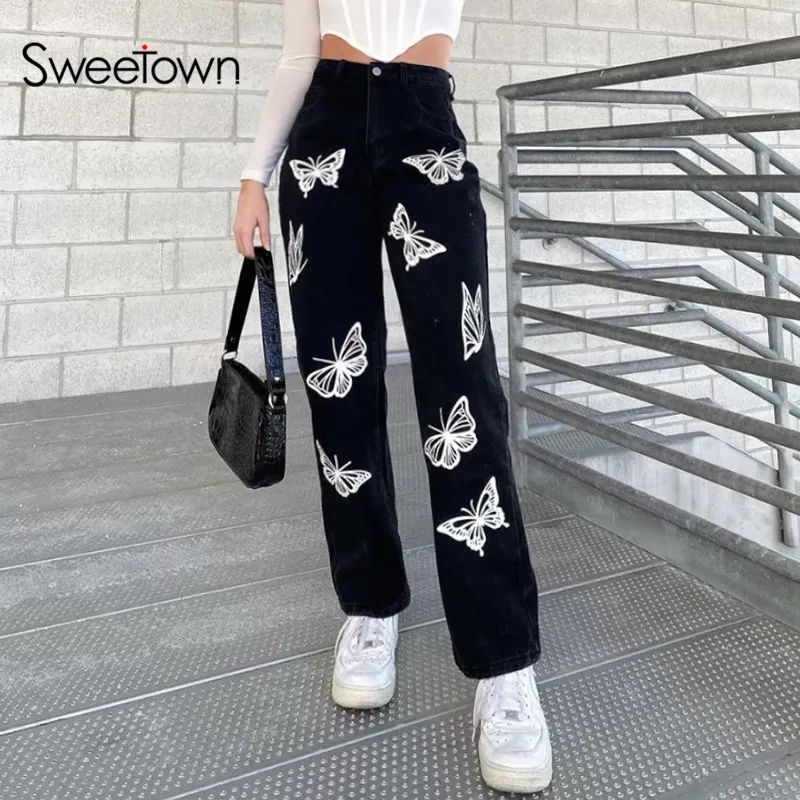 

Sweetown Black Baggy Jeans Women White Butterfly Print Y2K Aesthetic Denim Pants Korean Fashion High Waist Straight Trousers