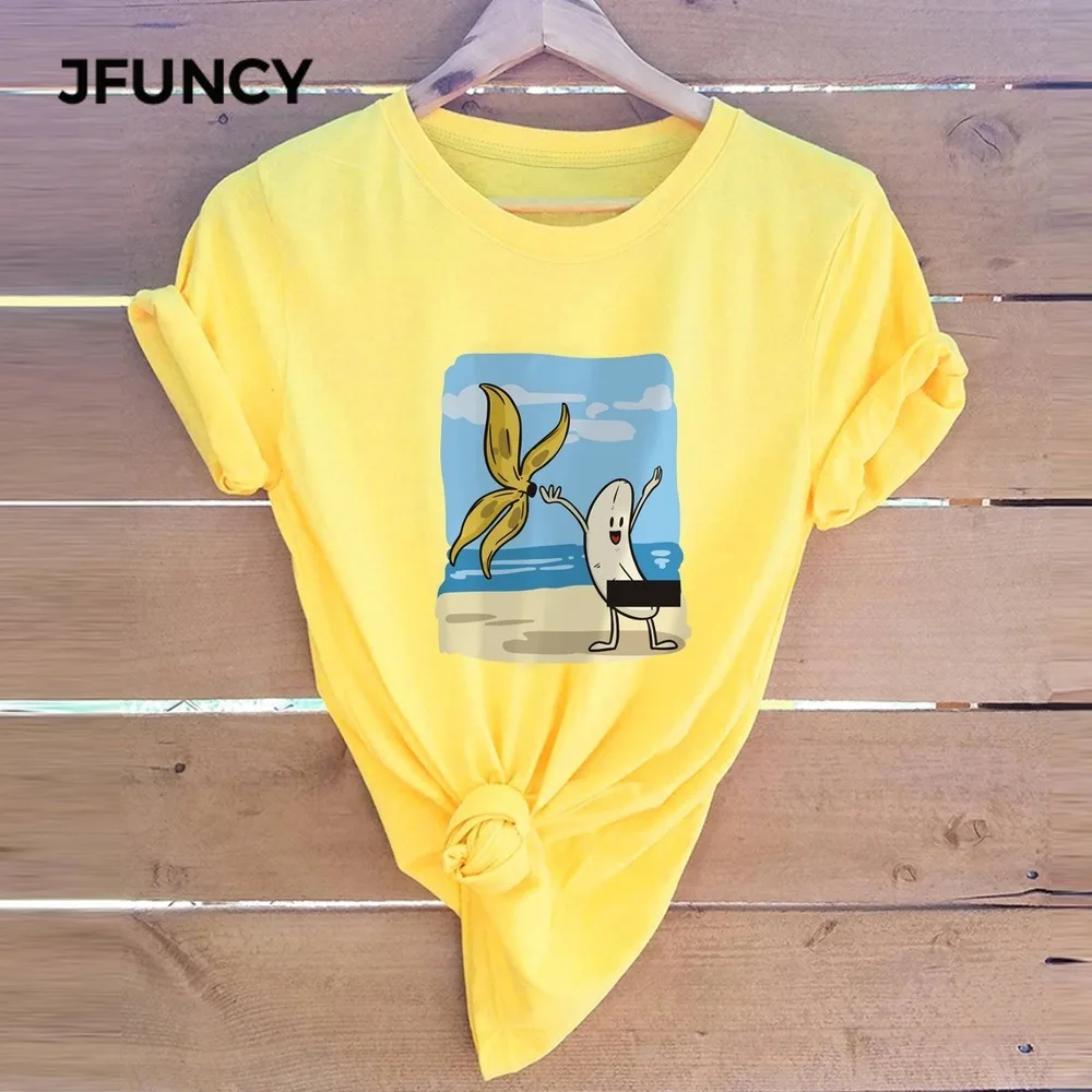 

JFUNCY размера плюс, женские рубашки, принт банана, футболка, 100% хлопок, короткий рукав, женская футболка, женские футболки, топы, летние футболк...