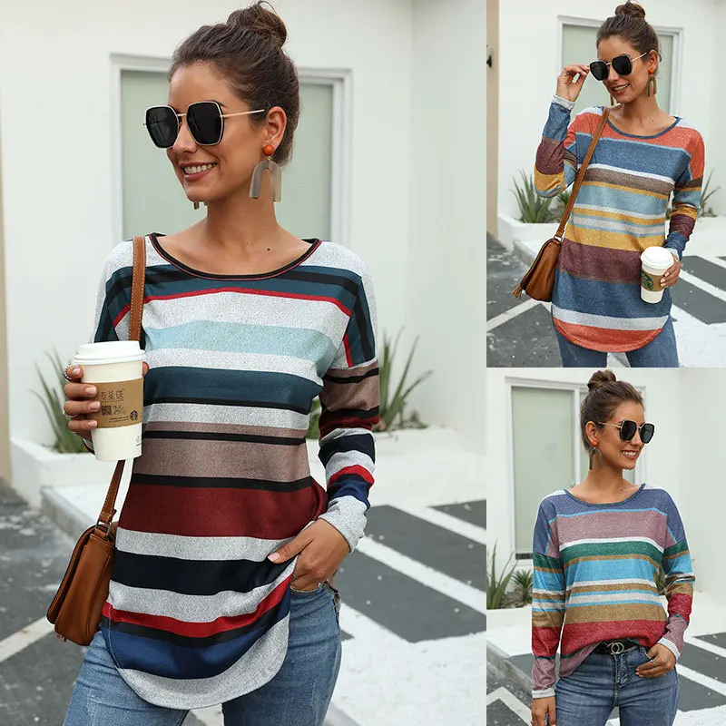 Повседневные весенние полосатые длинные рубашки с круглым вырезом 3 цвета