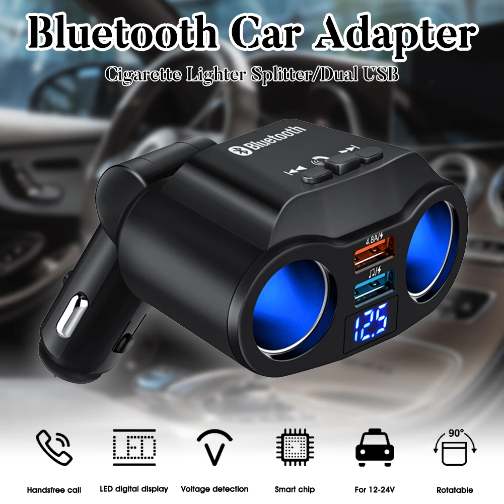 Cigarette Lighter Splitter 90W 12V/24V Bluetooth USB Car Charger, 2 Sockets with LED Voltage Display