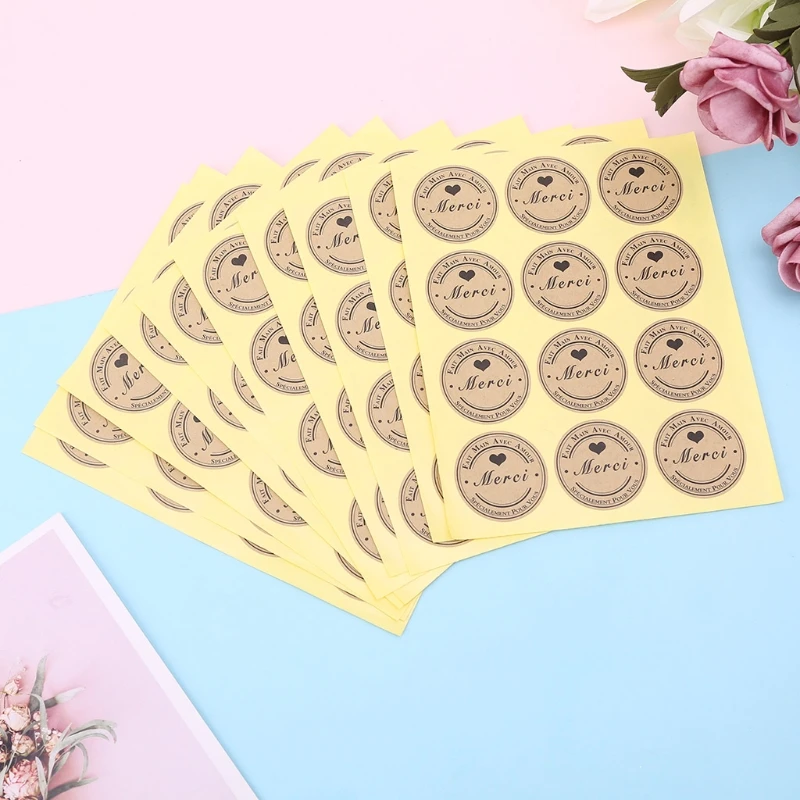 

120xMerci Adhesive Kraft Label Seal Envelope Gift Sticker Cake Packaging Decor 57BB