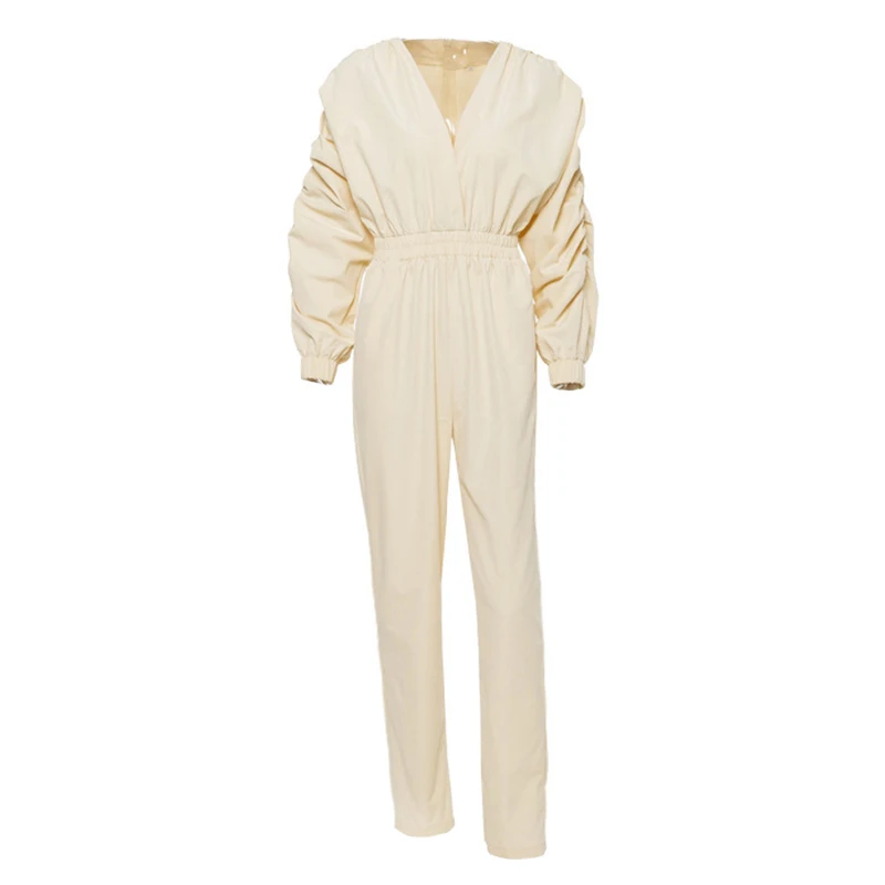 

Autumn Jumpsuit Women Long Sleeve Fashion Sexy Rompers V-Neck Pleated Puff Temperament Pants Overalls