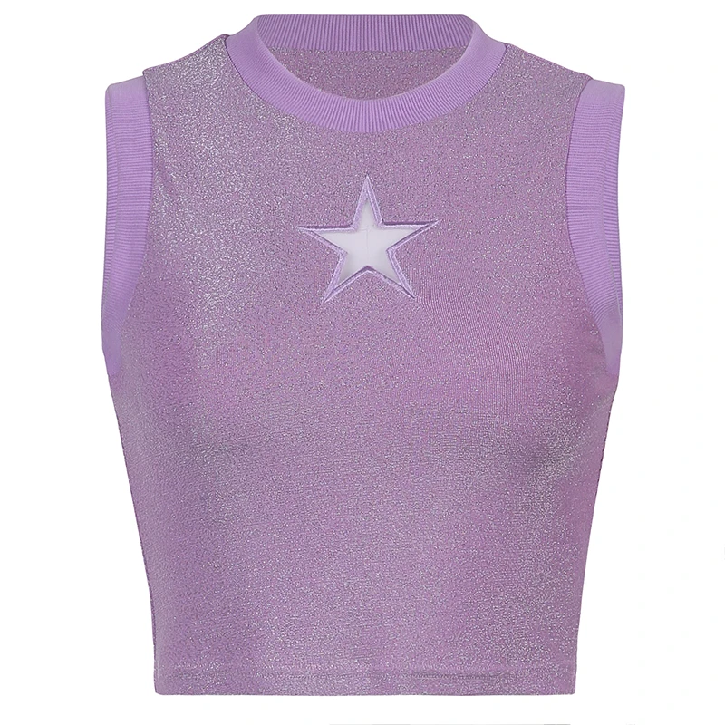 

Rockmore Purple Star Mesh Patchwork Crop Top y2k Sleeveless Tank Tops Women O-Neck Casual Camis Streetwear Summer Fashion 2021