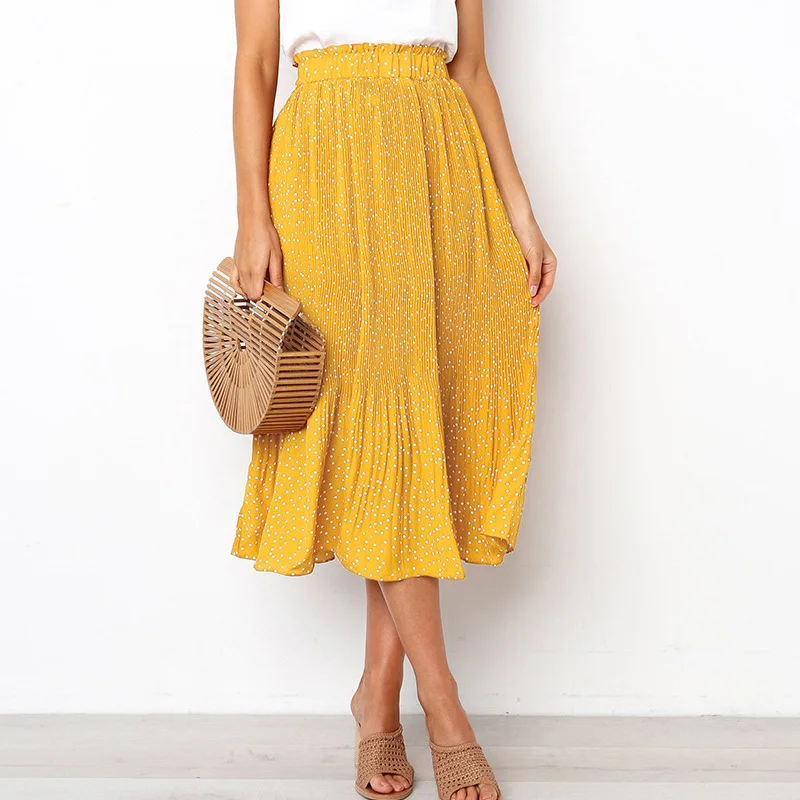 

2021 Summer Autumn Casual Chiffon Print Pockets High Waist Pleated Maxi Skirt Womens Long Skirts For Women