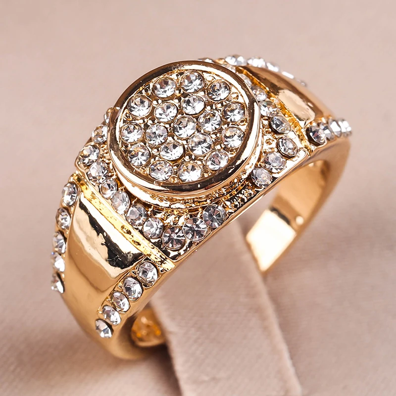 Сверкающее круглое кольцо в стиле хип хоп с блестящими камнями золотого цвета