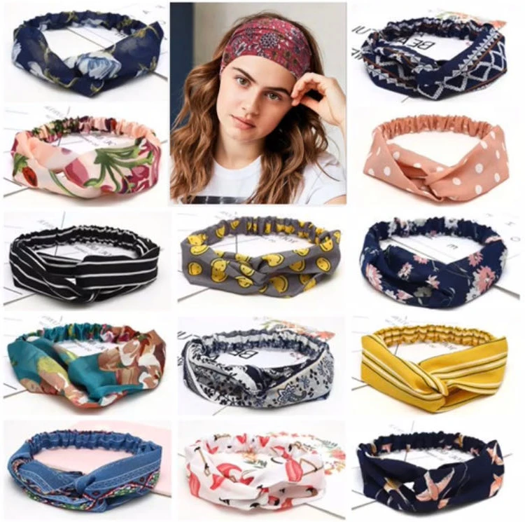 Fabric flowers Print Chiffon Wide Hair Band Sweet Floral Women Cross Twisted Turban Hair Accessories Girl Accessories Headbands