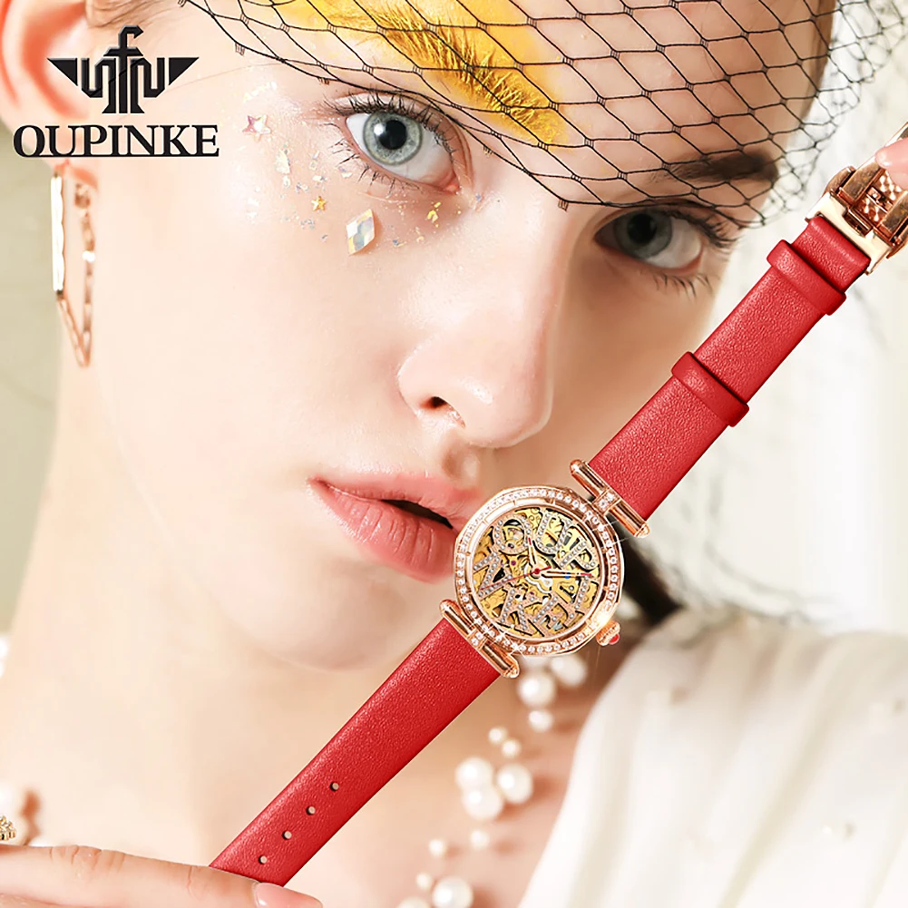 

video! OUPINKE High-end Luxury Transparent sky Rose gold Sparkling Crystal leather bracelet Fashion Woman Gift Mechanical watch