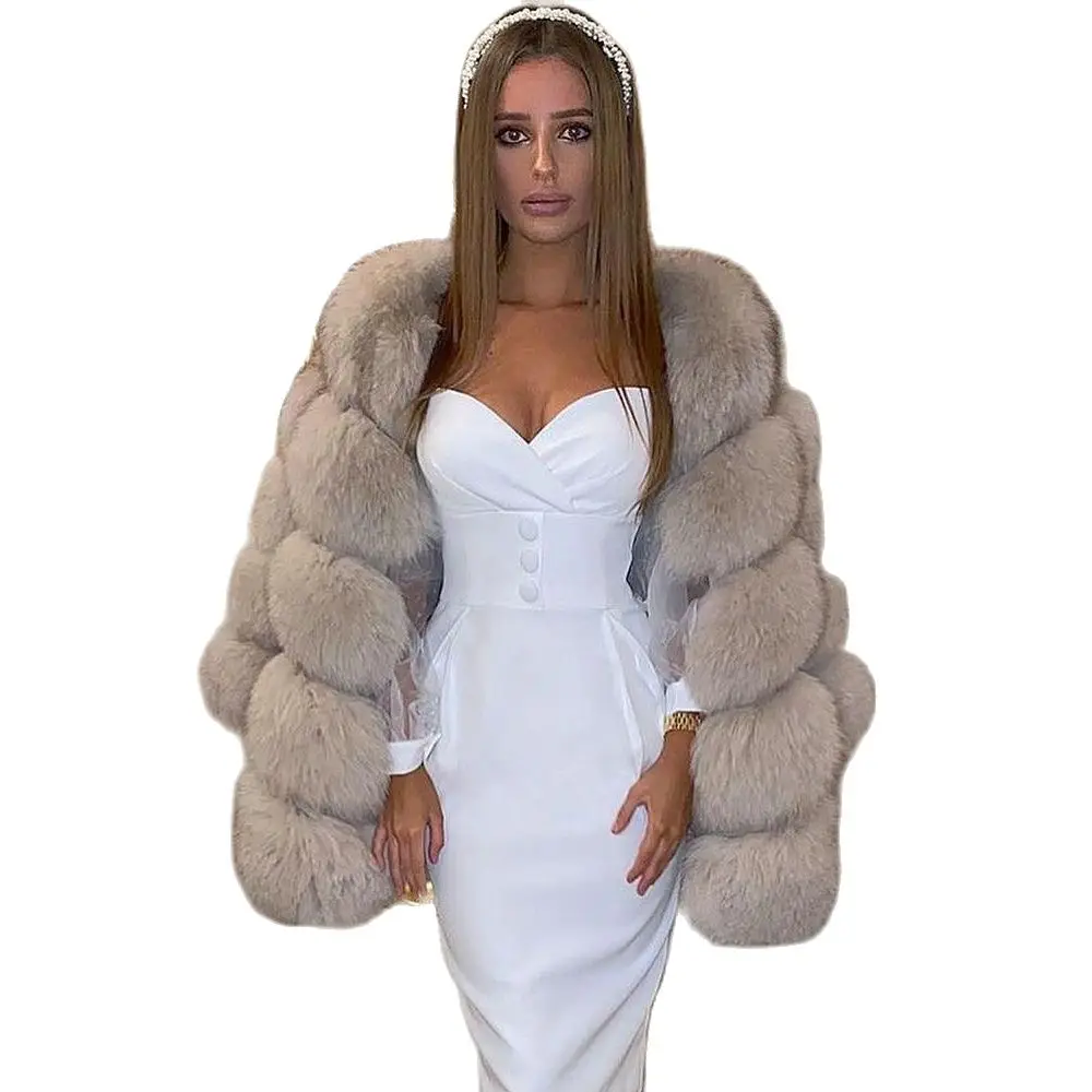 Light Khaki Natural Fox Fur Jacket Mid-length Woman Winter Fashion Fur Overcoat Whole Skin Genuine Fox Fur Coat Outwear Female enlarge