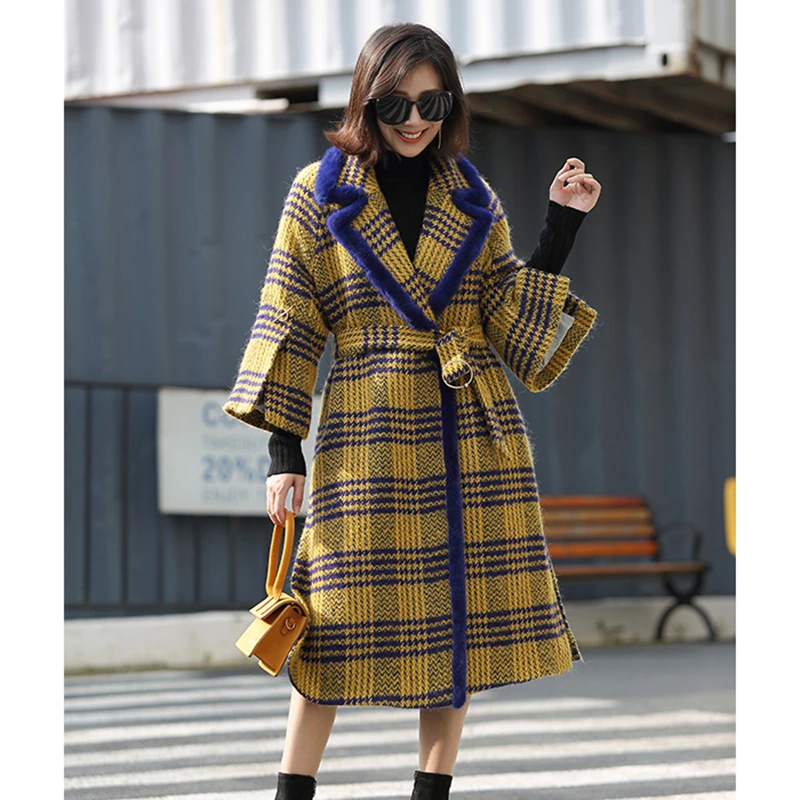 Coat Winter Women Wool 2020 Sheared Long mink fur Collar Coats Superior quality Plaid Jacket Brand Design Quality WHF103 s | Женская