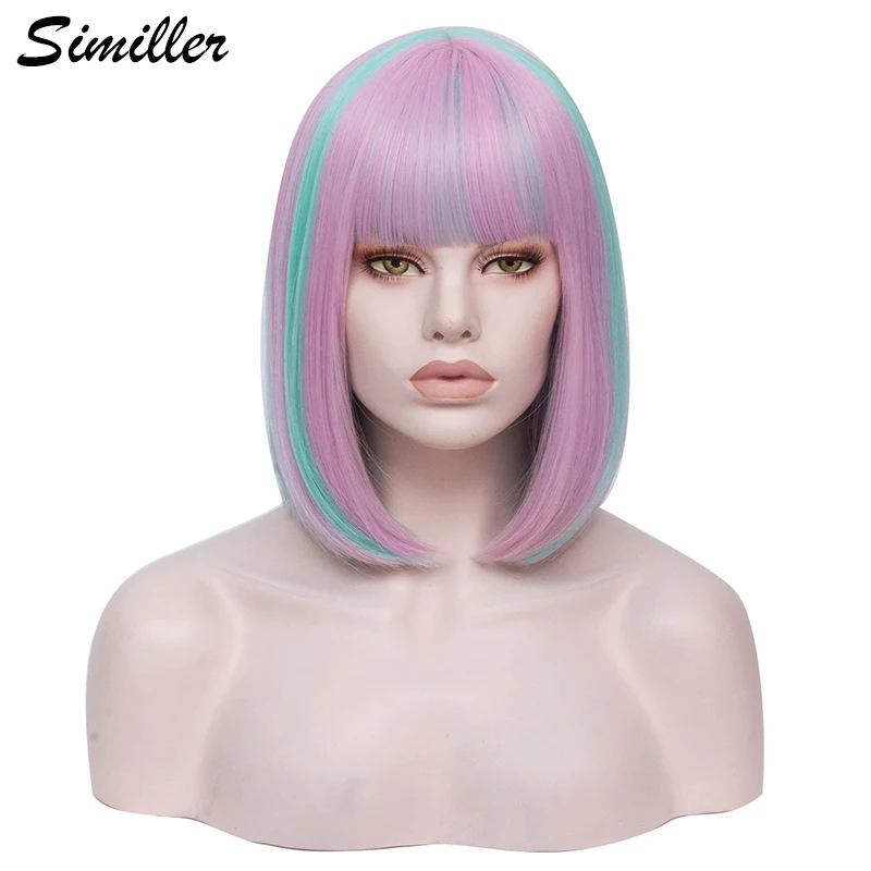 

Similler Women Short Cosplay Synthetic Bob Wig Pink Blue Ombre Color Heat Resistance Straight Hair