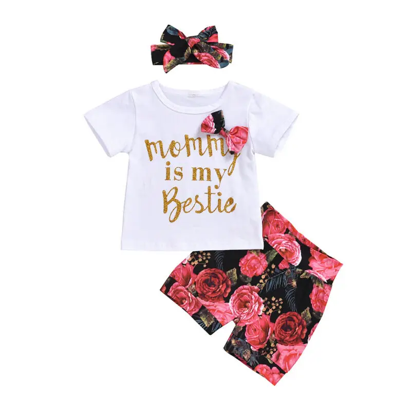 

3PCS Toddler Kid Baby Girls Bowknot Tops Floral Shorts Pants Headband Outfits AU