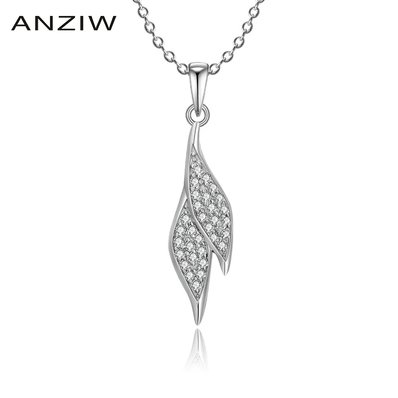 

ANZIW Luxury 925 Sterling Silver Pendant Necklace for Women Slim Little Leaf Lover Long Chain Necklace Wedding Silver Jewelry