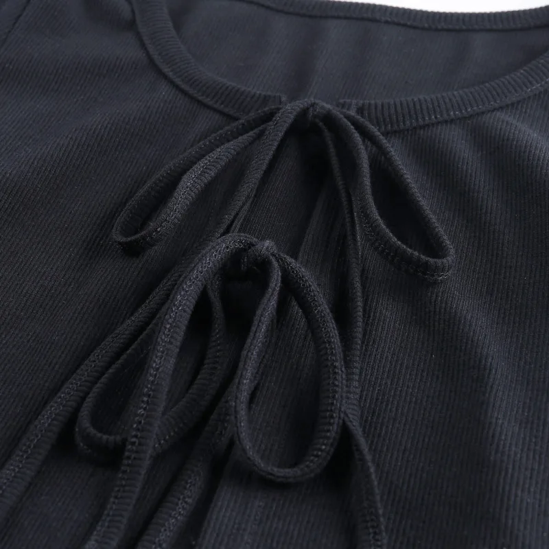 

Sexy Lace Up Bow Hollow Out Crop Tops New 2020 Summer Women Solid Knitted Short Sleeve Loose T Shirts Fashion Streetwear