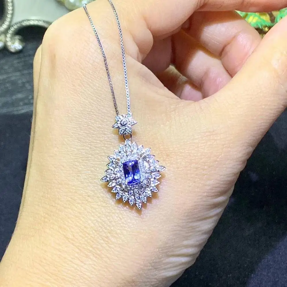Женское серебро ожерелье из танзанита пробы с драгоценным камнем подвеска |