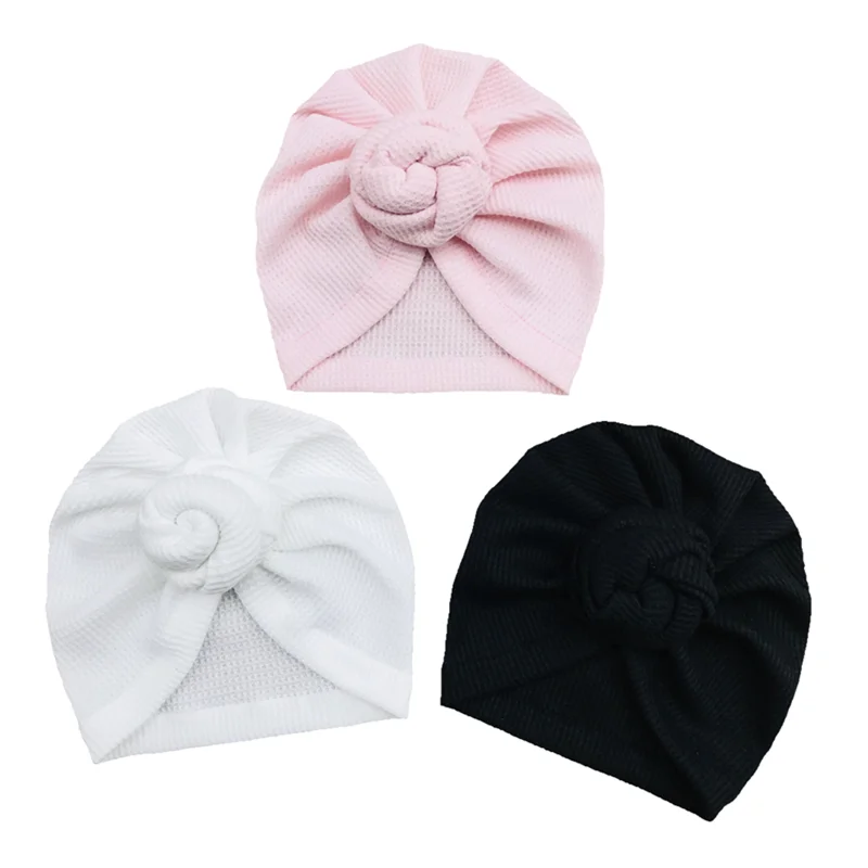 

0-3yr Baby Waffle Knitted Donut Hat Soft Turban for Newborn Hospital Hat Solid Infant Bebe Hat Toddler Bowknot Beanie Headwrap