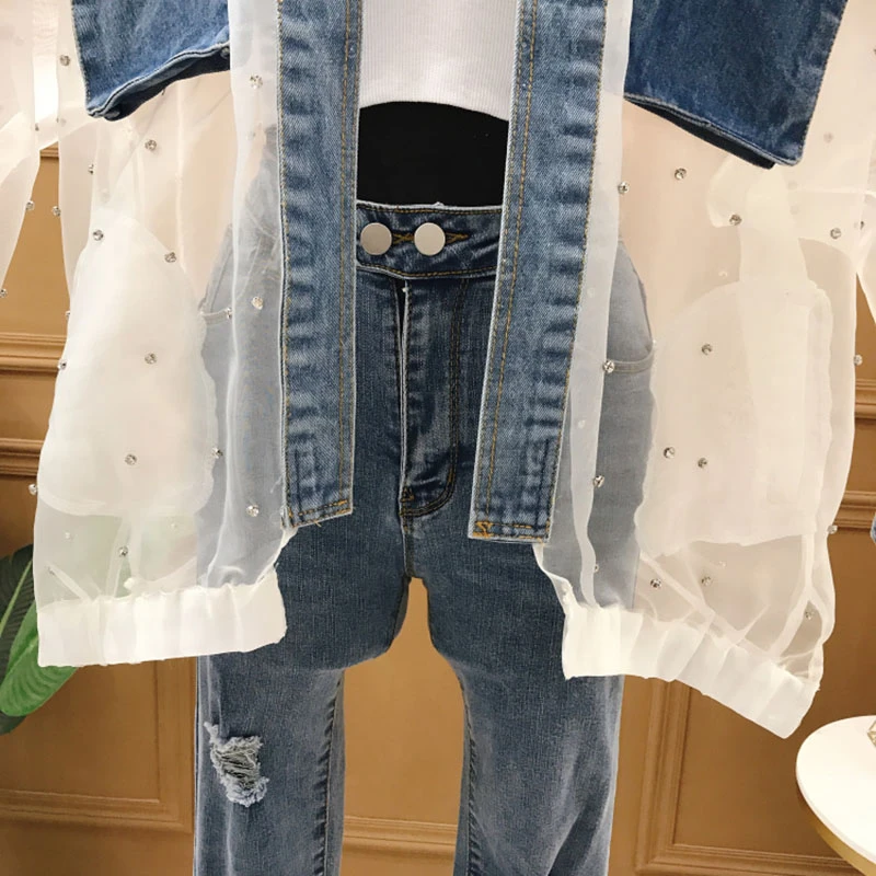 Женские джинсы с длинным рукавом QT62 летние свободные большого размера кружевной