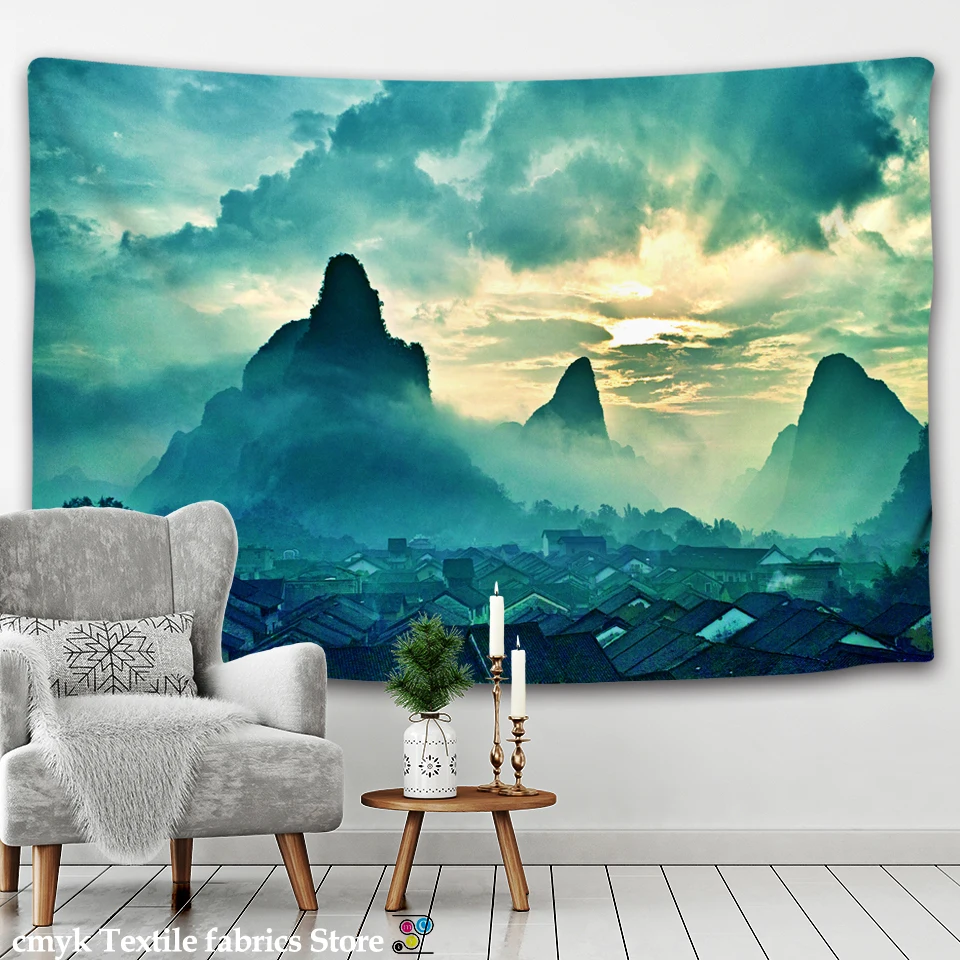 Live Photo Clear Mountain and Green Water Large Landscape Printed Tapestry Psychedelic Wall Hanging Bohemian Art Home Decor | Дом и сад
