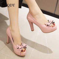 byqdy elegant women shoes bow knot mary jane pumps slip on thick high heels spring autumn party shoes open peep toe lady shoes