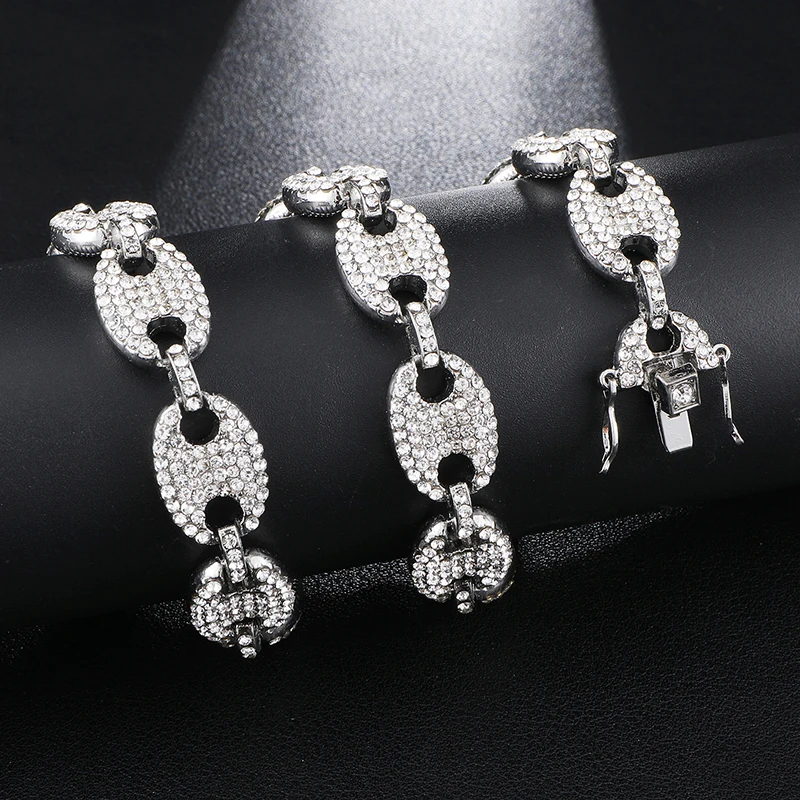 CZ Gold Coffee Iced Out Alloy Bean Pig Nose Rhinestone Necklace Charm Link Chain Bling Necklaces for Men HIP HOP Jewelry | Украшения и