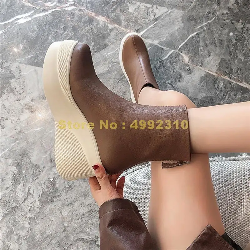 

Female Genuine Leather Ankle Boots Wedges High Heels Thick Bottom Boots Women Party Office Shoes