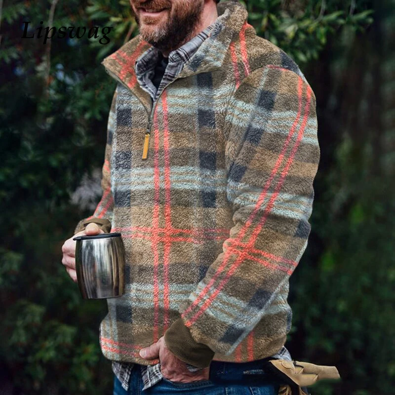 

Oversized Autumn Winter Warm Long Sleeve Loose Sweaters For Men Casual Turn-down Collar Plaid Print Top Mens Fashion Streetwear
